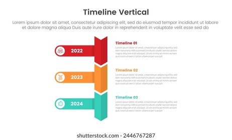 Anuncio de Plantilla infográfico de hito de línea de tiempo de Vertical con rectángulo redondo y dirección inferior de flecha nítida con información de lista de 3 puntos para Vector de presentación de diapositivas