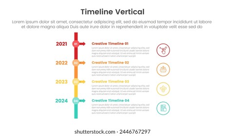 vertical timeline milestone infographic template banner with small circle line connection and arrow with 4 point list information for slide presentation vector