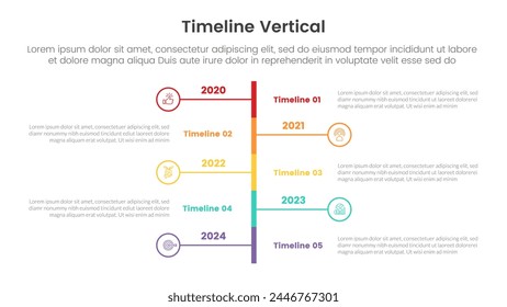 Anuncio de Plantilla infográfica de hito de la línea de tiempo de Vertical con Vertical de barra rectangular y conexión de círculo de línea con información de lista de 5 puntos para Vector de presentación de diapositivas