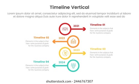 Anuncio de Plantilla infográfica de hito de línea de tiempo de Vertical con círculo de contorno grande y dirección de flecha izquierda y derecha con información de lista de 4 puntos para Vector de presentación de diapositivas