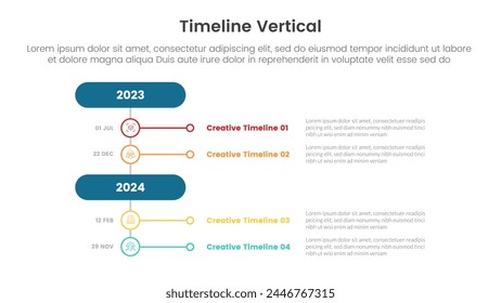 vertical timeline milestone infographic template banner with round rectangle and small circle divison with 4 point list information for slide presentation vector