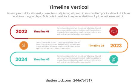 vertikaler Zeitstrahl-Meilenstein-Infografik-Vorlage-Banner mit Linienverbindung-Rundschreiben mit 3Punkt-Listen-Informationen für die Vektorgrafik der Folienpräsentation