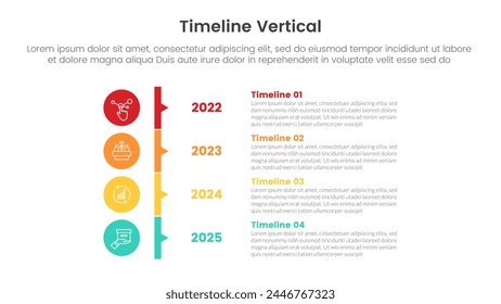 vertical timeline milestone infographic template banner with big circle and rectangle pointy arrow with 4 point list information for slide presentation vector