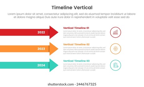 vertical timeline milestone infographic template banner with long arrow stack with 3 point list information for slide presentation vector