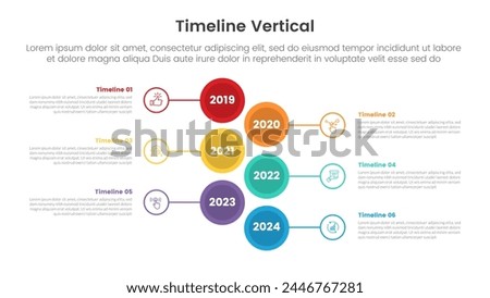 vertical timeline milestone infographic template banner with big circle stack opposite with 6 point list information for slide presentation vector