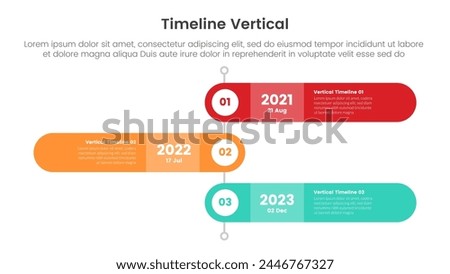 vertical timeline milestone infographic template banner with round rectangle box opposite direction with 3 point list information for slide presentation vector