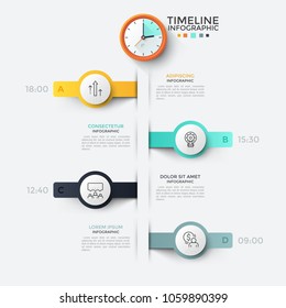 Vertical timeline or planner, 4 round elements with linear symbols inside, time indication, description and clock on top. Concept of daily planning. Infographic design template. Vector illustration.
