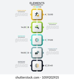 Línea de tiempo vertical o programación, 5 elementos cuadrados con símbolos de línea delgada dentro y flechas apuntando a la hora y descripción. Plantilla de diseño gráfico creativo. Ilustración vectorial para presentación.