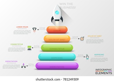 Vertical timeline with space shuttle flying up, 5 colorful elements, year indication, thin line icons. Concept of annual levels of development. Infographic design template. Vector illustration.