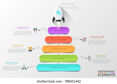 Vertical timeline with space shuttle flying up, 5 colorful elements, year indication, thin line icons. Concept of annual levels of development. Infographic design template. Vector illustration.