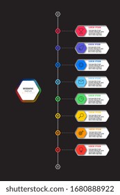 plantilla de línea de tiempo vertical con ocho elementos hexagonales realistas con iconos de línea delgada en fondo negro. diagrama moderno con agujeros geométricos en papel. visualización vectorial para presentaciones