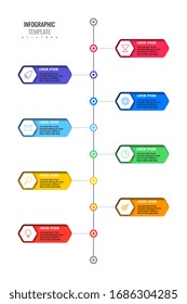 vertical timeline template with eight realistic hexagonal elements with thin line icons on white background. modern diagram with geometric holes in paper. vector visualisation for presentations