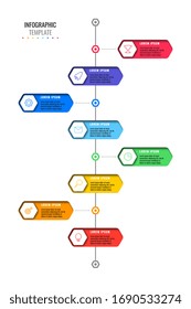 vertical timeline template with eight realistic hexagonal elements with thin line icons on white background. modern diagram with geometric holes in paper. vector visualisation for presentations