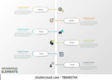 Vertical Timeline With Time Indication, Linear Pictograms And Text Boxes. Concept Of Daily Appointment Schedule Or Everyday Planner. Creative Infographic Design Template. Vector Illustration.