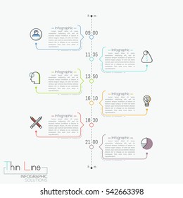 Vertical timeline with time indication, pictograms and text boxes. Modern infographic design template. Effective daily scheduling and task management concept. Vector illustration in thin line style.