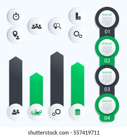 Vertical timeline, vector elements for business infographics, 1, 2, 3, 4, step labels and chart, in gray and green