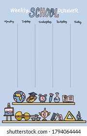 Vertical Timetable for elementary school. Weekly planner template with cartoon school objects and symbols on pastel blue background. Hand drawn doodle linear color style illustration