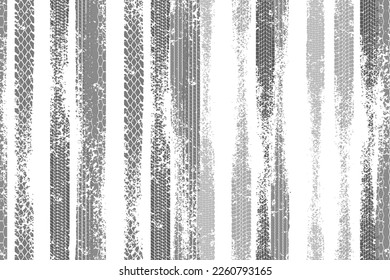 Vertical tire tread print with grunge effect seamless pattern. Footprint of bike or vehicle wheels with seamless texture. Top view of rubber protector marks on road. Vector background