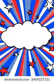 Vertical title page illustration with a fun red, blue, and white radiation pattern, stars, and cloud-shaped speech bubbles.