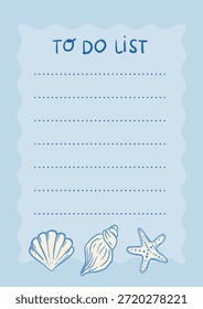Vertical to-do list with dotted lines and wavy border. Hand-drawn yellow seashells and starfish at the bottom. Light blue ocean-themed printable template for summer journaling.