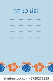 Vertical lista de tareas con líneas punteadas y un borde de verano de flores de hibisco naranja y conchas azules con lazos. Tema náutico tropical sobre fondo azul claro, para pintables y planificadores.