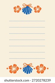 Lista de tareas pendientes de Vertical con líneas punteadas y borde floral. Flores de hibisco anaranjado, conchas de mar azules con arcos en la parte superior e inferior. Verano imprimible en estilo de playa tropical sobre un fondo crema claro.