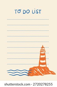 Vertical lista de tareas con líneas de puntos y faro naranja dibujado a mano en una orilla rocosa con olas. Página de planificador de verano en temática náutica costera para Plantillas imprimibles o uso digital.