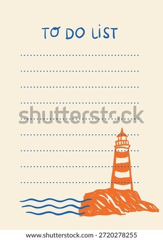 Vertical to-do list with dotted lines and hand-drawn orange lighthouse on a rocky shore with waves. Summer planner page in coastal nautical theme for printable templates or digital use.