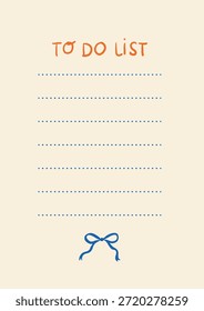 Vertical to-do list with hand-drawn orange header, dotted lines and blue bow at the bottom. Simple blank page template for planners, bullet journals, kids checklists and printables.