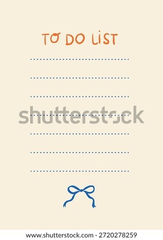 Vertical to-do list with hand-drawn orange header, dotted lines and blue bow at the bottom. Simple blank page template for planners, bullet journals, kids checklists and printables.