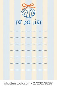 Vertical to-do list page with hand-drawn shell and bow on light striped background. Dotted lines for notes. Ideal for summer planners, journals, checklists, and printable stationery