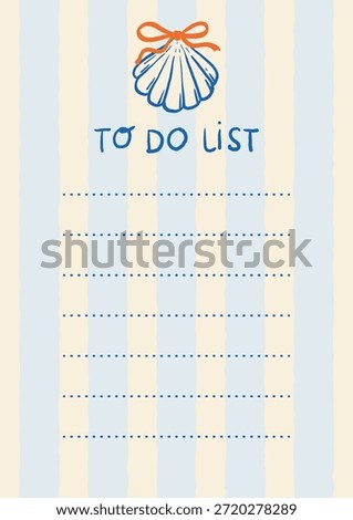 Vertical to-do list page with hand-drawn shell and bow on light striped background. Dotted lines for notes. Ideal for summer planners, journals, checklists, and printable stationery