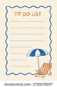 Vertical lista de tareas con borde ondulado, sombrilla de playa y tumbona. Tema de vacaciones de verano para los planificadores de niños, listas diarias, diarios de viaje y Plantillas imprimibles para uso estacional.