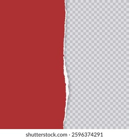 Vertical torn red paper page with ripped edges isolated on transparent background. Textured ripped page for creative design, banners, overlays in media projects. Realistic vector illustration.