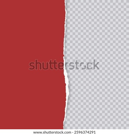Vertical torn red paper page with ripped edges isolated on transparent background. Textured ripped page for creative design, banners, overlays in media projects. Realistic vector illustration.