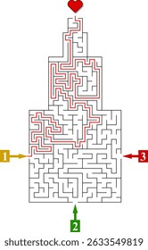 Vertical tower like labyrinth with three entrances. Find the right way and reach the end of the maze. Mental educational game template with clue. Vector illustration.
