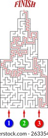 Vertical tower like labyrinth with three entrances. Find the right way and reach the end of the maze. Mental educational game template with clue. Vector illustration.