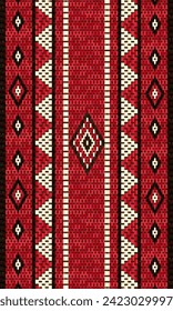 A Vertical Traditional Arabian Sadu Weaving Pattern In Red Black And White Wool