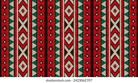 Vertical Traditional Arabian Sadu Weaving Pattern In Red Black And White Sheep Wool by Craitza