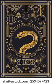 Vertical traditional Chinese poster monochrome gold. Vector graphics.