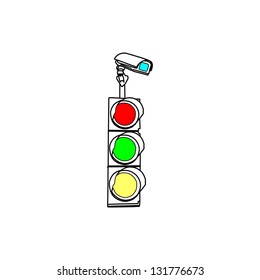 Vertical traffic light vector illustration isolated on white background. Public surveillance video camera on street road. Urban safety protection in transportation jam.
