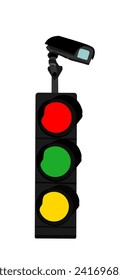 Vertical traffic light vector illustration isolated on white background. Public surveillance video camera on street road. Urban safety protection in transportation jam.