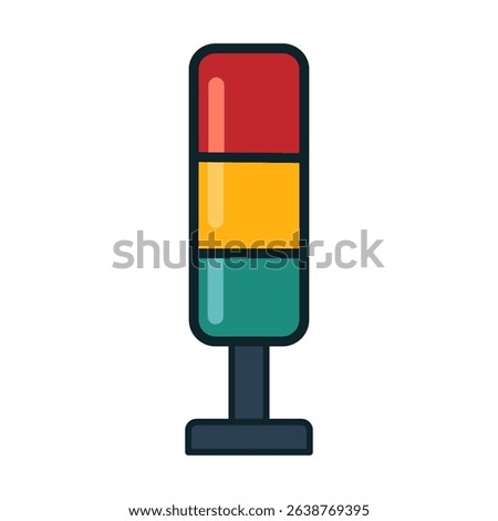 A vertical traffic signal displaying red, yellow, and green lights is positioned prominently. It is used to control vehicle movement at an intersection for safety and traffic regulation.