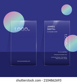 Vertical Transparent Business Card Template With Double-Side On Blue Background.