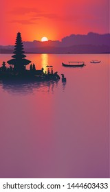 Vertical travel poster background with red sunset and Balinese water temple and fisherman boats silhouettes in lake. Vector background.