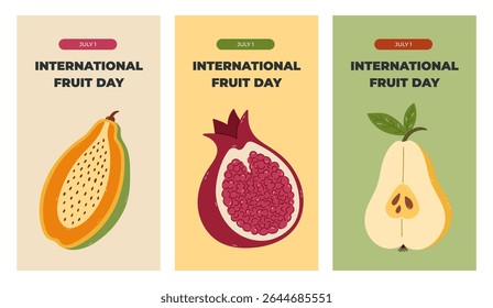 Vertical trendy set of stories for International Fruit Day with colorful cartoon clipart with summertime fruits. Greeting concept banner with juicy papaya, pomegranate, pear for social media.