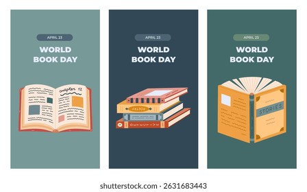 Vertical trendy set of stories for World Book Day with colorful literature clipart. Greeting concept banner with open academic book, pile of textbook in hard cover for social media.
