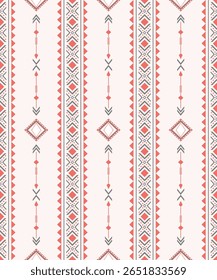 Vertical tribal textile pattern in red and gray on soft cream background. Ideal for fabric, print, or cultural design.