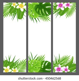 Vertical tropical banners with flowers and leaves. Summer floral vector nature backgrounds.
