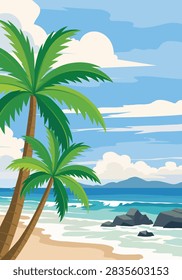 Vertical Tropical Beach Flat Vector Background With Coconut Palm Trees Rocks And Ocean View